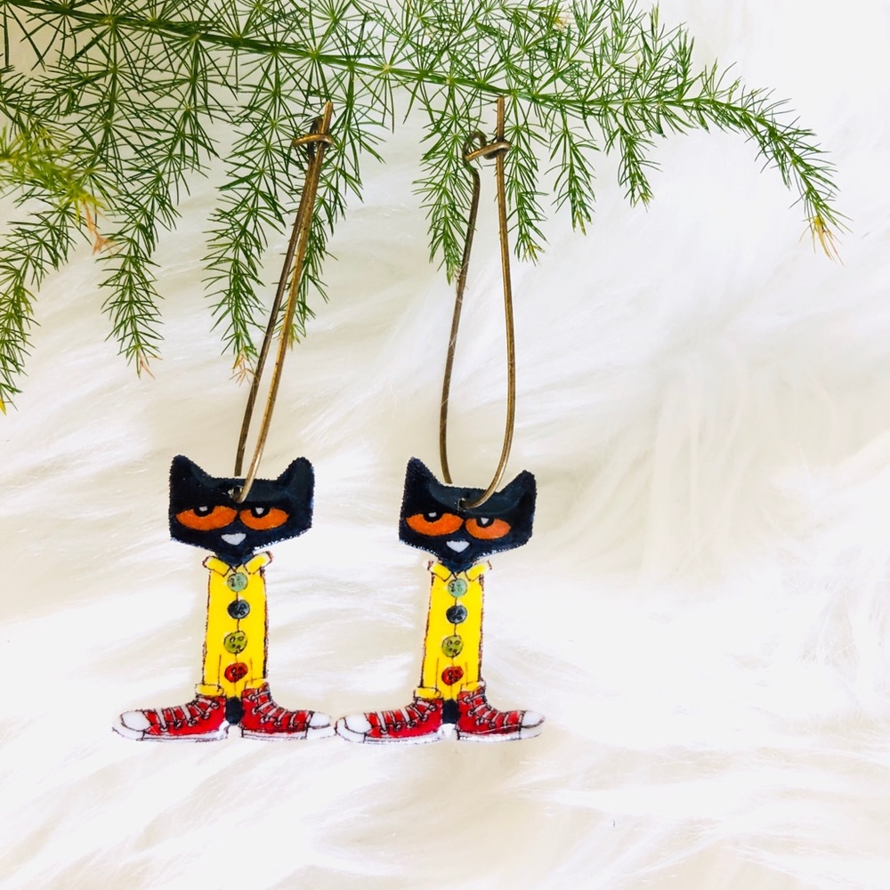 Playful Black Cat Dangle Earrings with Yellow Coat and Red Shoes